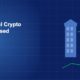 Institutional building connected to bitcoin symbol with rising chart and shield on dark blue grid