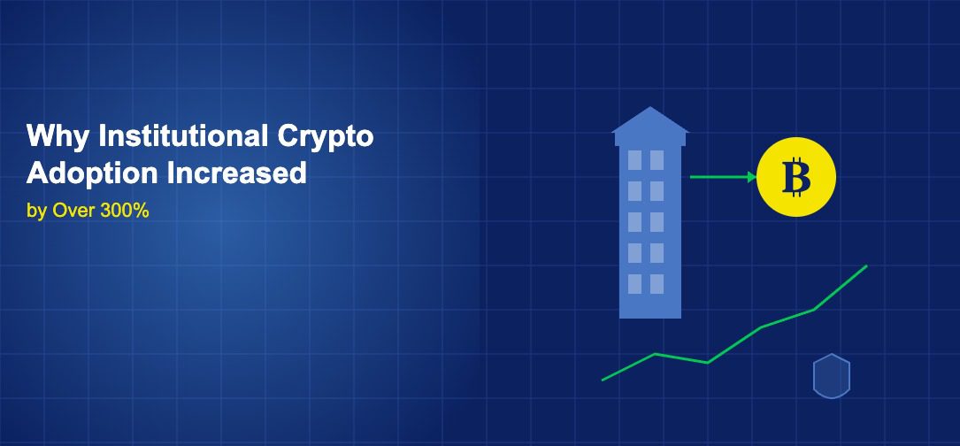 Institutional building connected to bitcoin symbol with rising chart and shield on dark blue grid