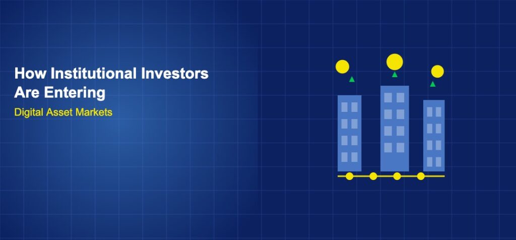 Three institutional buildings connected by blockchain chain with floating coins and upward arrows on dark blue grid