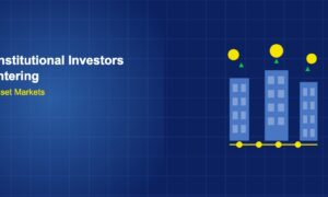 Three institutional buildings connected by blockchain chain with floating coins and upward arrows on dark blue grid