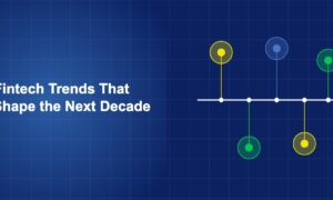 Timeline with branching arrows showing multiple fintech trend paths with technology symbols on dark blue background