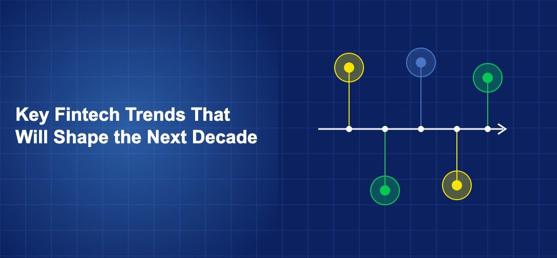 Timeline with branching arrows showing multiple fintech trend paths with technology symbols on dark blue background