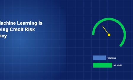 Accuracy gauge with comparison bars showing ML improvement over traditional models on dark blue grid