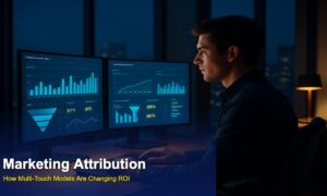 Marketing attribution technology professional analyzing multi-touch ROI dashboards on dual monitors in modern office