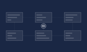 Abstract marketing automation platform comparison grid with feature bars and connection network