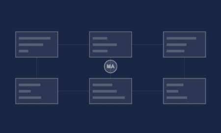 Abstract marketing automation platform comparison grid with feature bars and connection network