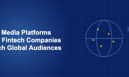 Illustration of globe media concept with geometric shapes on dark blue background