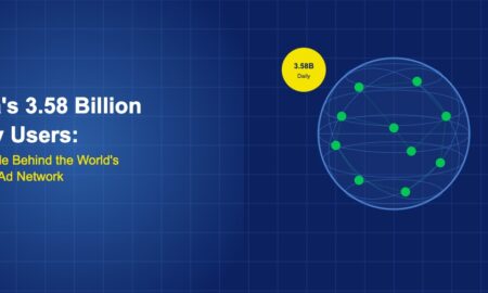 Globe covered in connected user dots showing Meta 3.58 billion daily active users scale across its advertising network