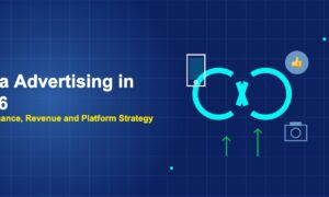 Meta infinity logo with phone camera and rising arrows