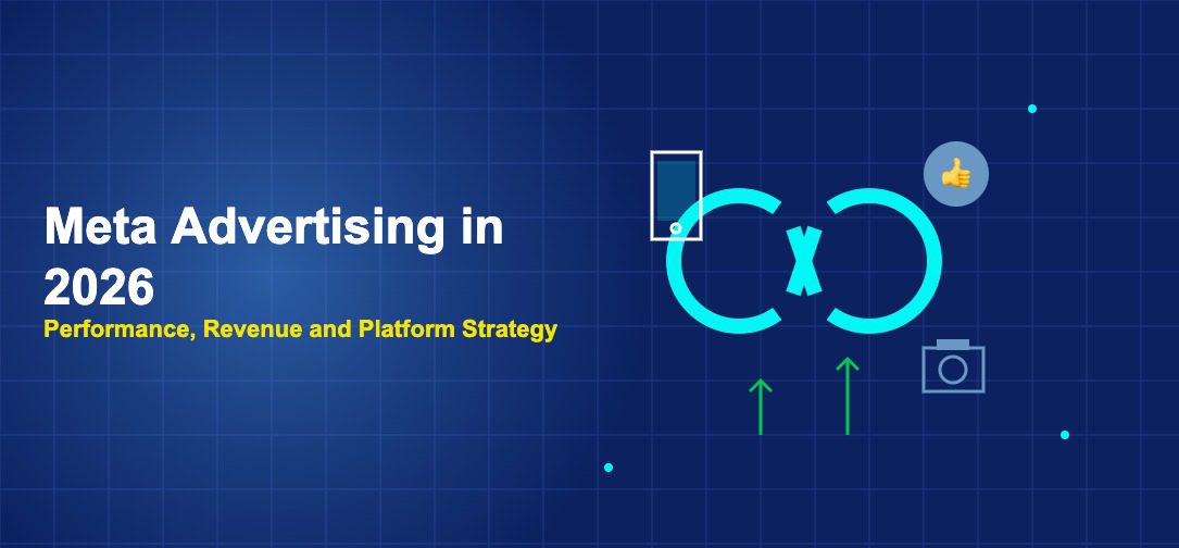 Meta infinity logo with phone camera and rising arrows