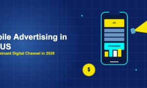 Large smartphone showing ad banners and content with megaphone and sound waves