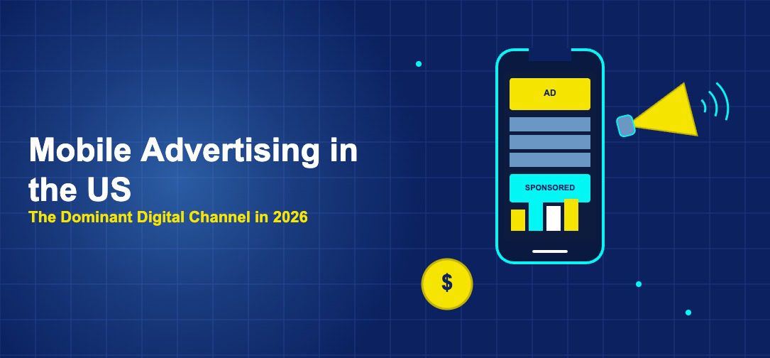 Large smartphone showing ad banners and content with megaphone and sound waves