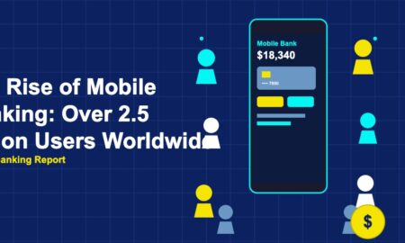 Phone with banking UI surrounded by crowd of user silhouettes