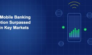 Smartphone with banking interface surrounded by globe icons and signal arcs on dark blue grid