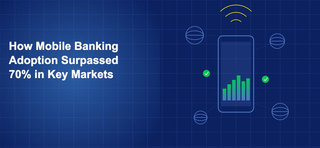 Smartphone with banking interface surrounded by globe icons and signal arcs on dark blue grid