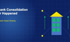 Digital bank building with glowing green windows, upward arrows, and connected network nodes
