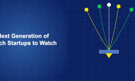 Rocket launchpad with multiple startup trajectories branching into different fintech sectors on dark blue background