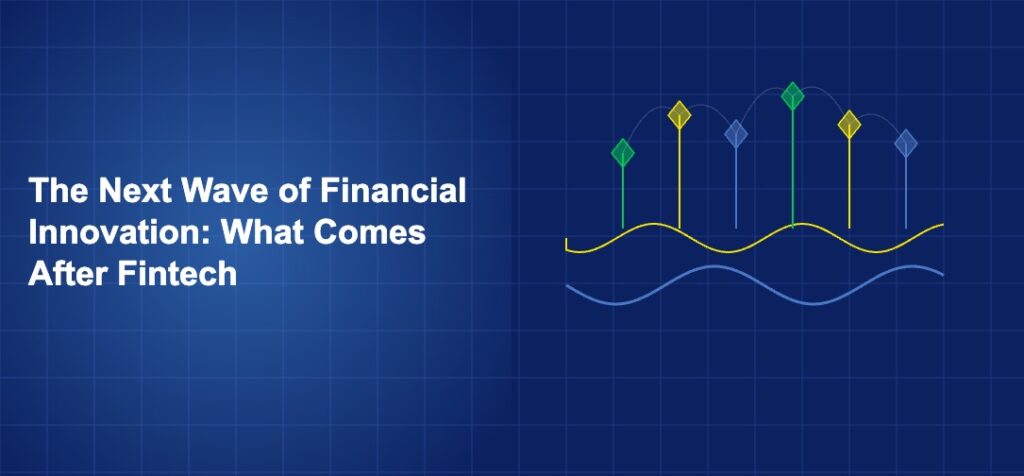Futuristic wave pattern with emerging technology symbols rising above a financial baseline on dark blue background
