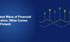 Futuristic wave pattern with emerging technology symbols rising above a financial baseline on dark blue background