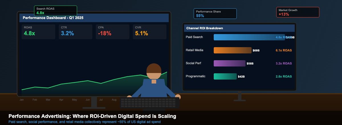Digital marketing analyst reviewing performance advertising dashboards showing ROAS metrics and channel ROI breakdown across search, social and retail media