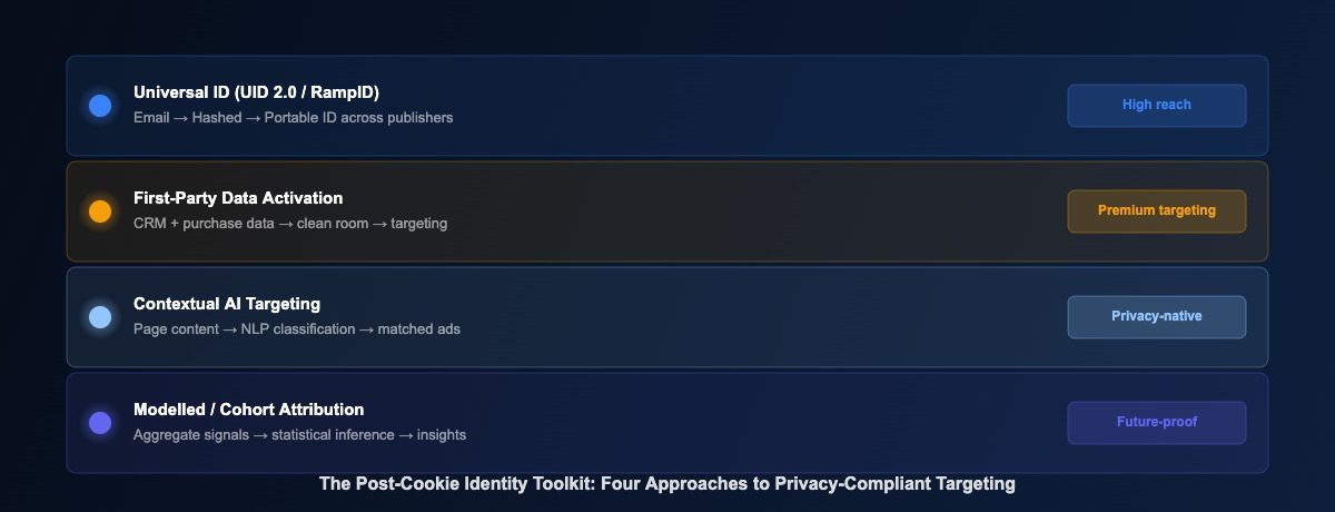 The four post-cookie identity targeting approaches: Universal ID, First-Party Data, Contextual AI, and Modelled Attribution