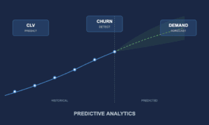Predictive analytics in marketing showing trend lines with CLV prediction, churn detection, and demand forecasting capabilities