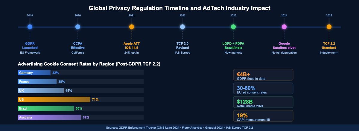 Global privacy regulation timeline from GDPR 2018 through Privacy Sandbox 2024 with advertising consent rates by region