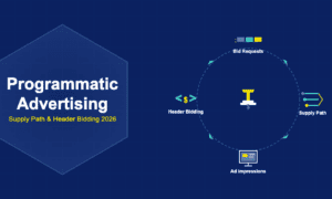 Infographic showing programmatic advertising with bid requests, supply path optimisation, ad impressions, and header bidding flowing around a central auction gavel