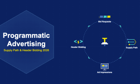 Infographic showing programmatic advertising with bid requests, supply path optimisation, ad impressions, and header bidding flowing around a central auction gavel