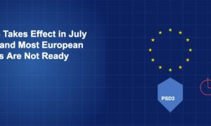 EU star circle above a blue shield labeled PSD3 with a red warning clock