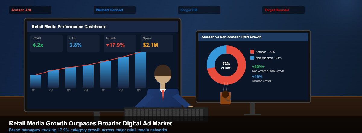 Brand manager reviewing retail media analytics dashboard showing growth metrics across Amazon, Walmart Connect, and Kroger Precision Marketing networks