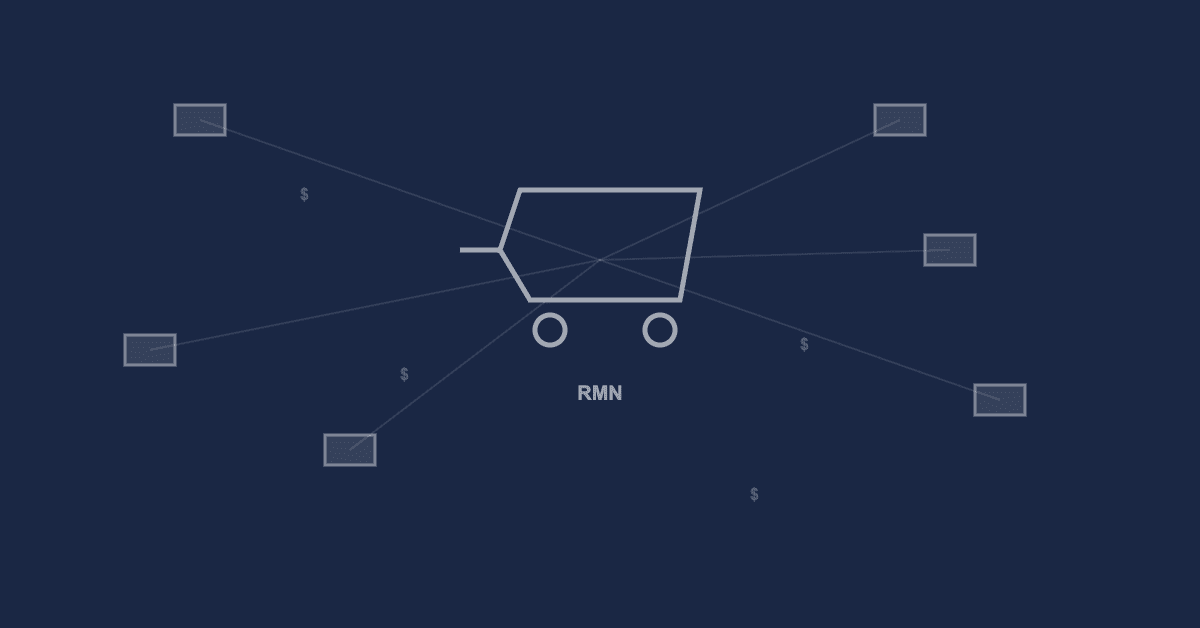 Abstract retail media network visualization with shopping cart and ad placement nodes