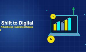 Laptop with advertising dashboard bar chart and green growth arrow