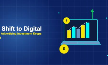 Laptop with advertising dashboard bar chart and green growth arrow