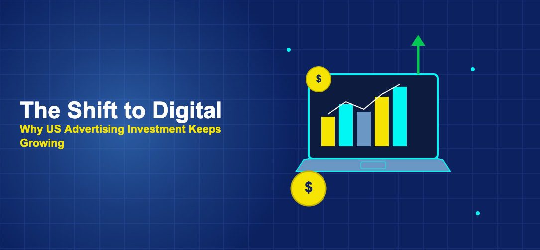 Laptop with advertising dashboard bar chart and green growth arrow