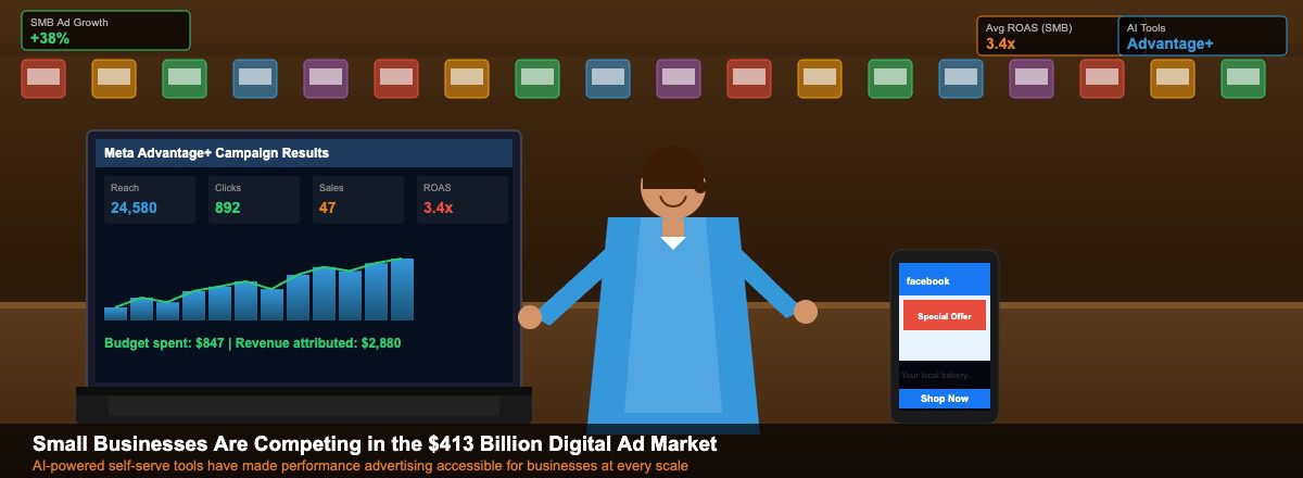 Small business owner reviewing digital advertising performance results on laptop showing Meta campaign ROAS and sales attribution metrics