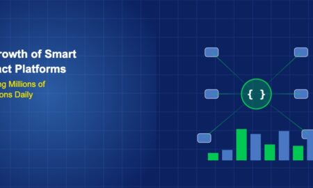 Central smart contract node connected to transaction blocks with activity bar chart on dark blue grid