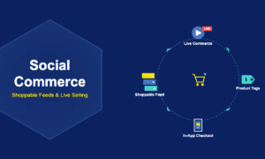 Infographic showing social commerce with live selling, product tags, in-app checkout, and shoppable feeds flowing around a central shopping cart