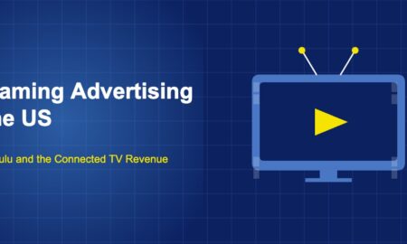 Blue television set with a dark screen showing a yellow play button triangle and two white antennas