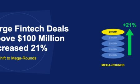 Stack of large golden and blue coins with green upward arrow showing 21 percent increase on dark blue background