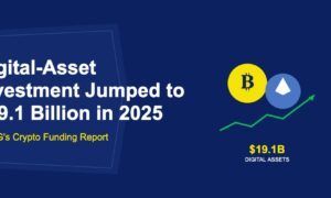 Golden Bitcoin and blue Ethereum coins with green rising investment chart line on dark blue background