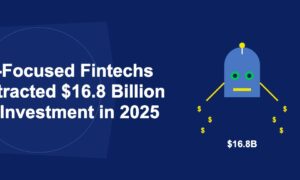 Blue robot head with glowing green eyes and antenna attracting dollar signs like a magnet on dark blue background