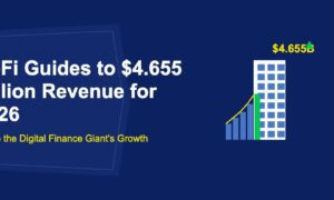 Modern white office building with blue windows and rising revenue bar chart on dark blue background
