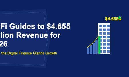 Modern white office building with blue windows and rising revenue bar chart on dark blue background