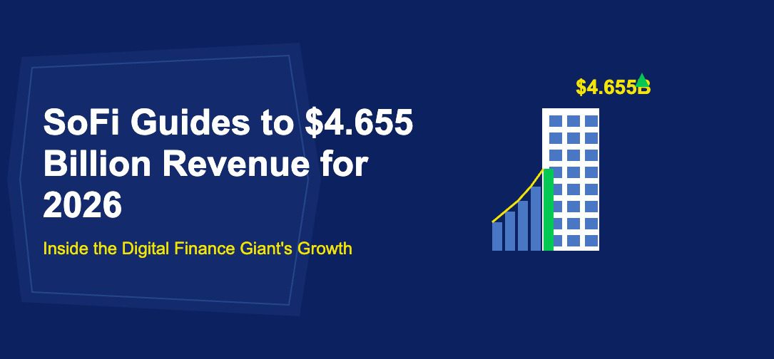 Modern white office building with blue windows and rising revenue bar chart on dark blue background