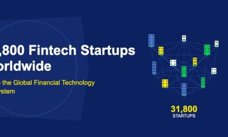 Network of connected colorful startup buildings with green node connections on dark blue background