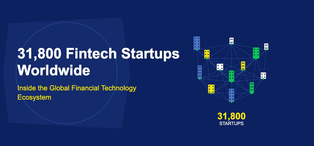 Network of connected colorful startup buildings with green node connections on dark blue background