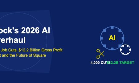 Interlocking blue and white mechanical gears with AI text and scissors icon on dark blue background