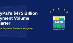 Blue digital wallet bursting with cards and flying dollar signs with volume bars on dark blue background