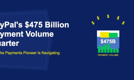 Blue digital wallet bursting with cards and flying dollar signs with volume bars on dark blue background